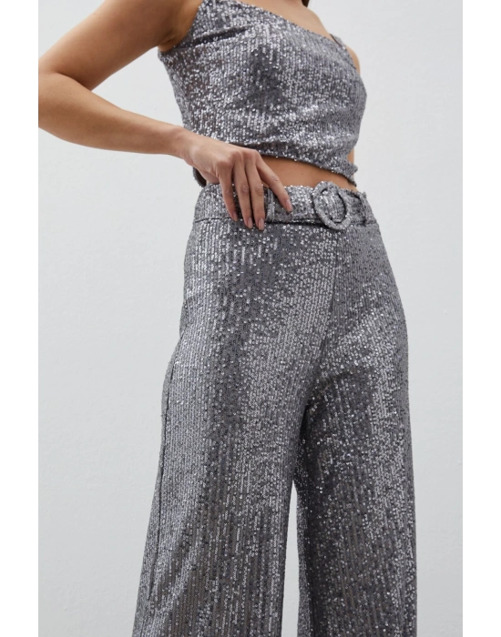 Kemerli Payet Pantolon - Gümüş
