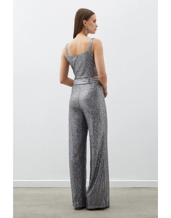 Kemerli Payet Pantolon - Gümüş