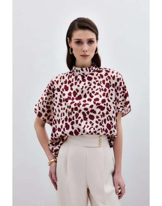 Yarasa Kol Salaş Bluz - Bej-Bordo