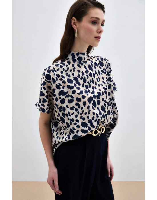 Yarasa Kol Salaş Bluz - Bej-Lacivert