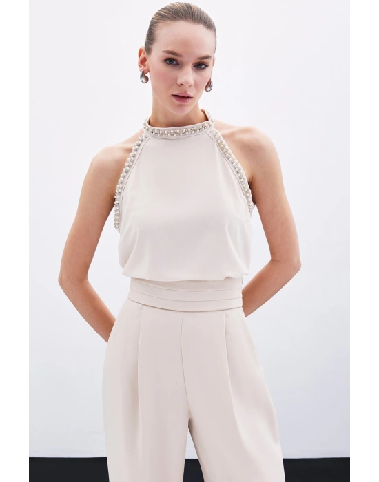 Aksesuar Detaylı Kolsuz Bluz - Bej