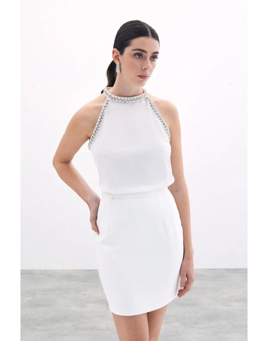 Aksesuar Detaylı Kolsuz Bluz - Ekru