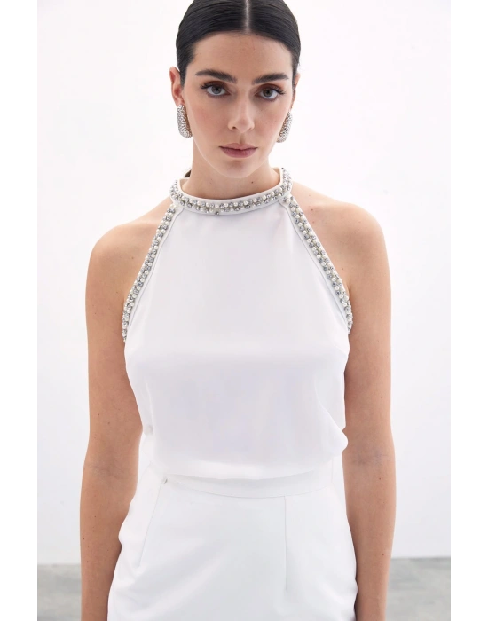 Aksesuar Detaylı Kolsuz Bluz - Ekru