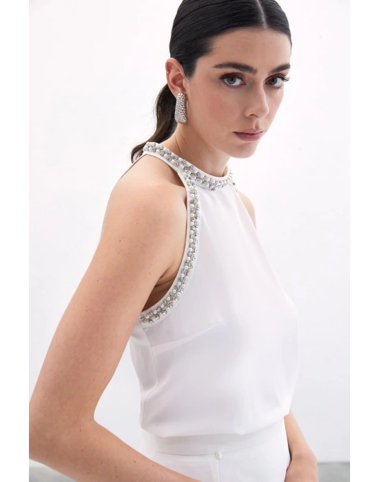 Aksesuar Detaylı Kolsuz Bluz - Ekru