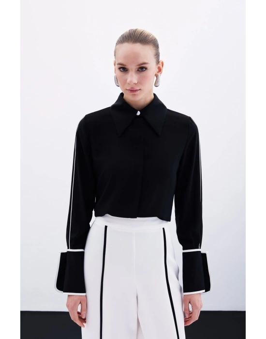 Klasik Manşetli Kontrast Gömlek - Siyah