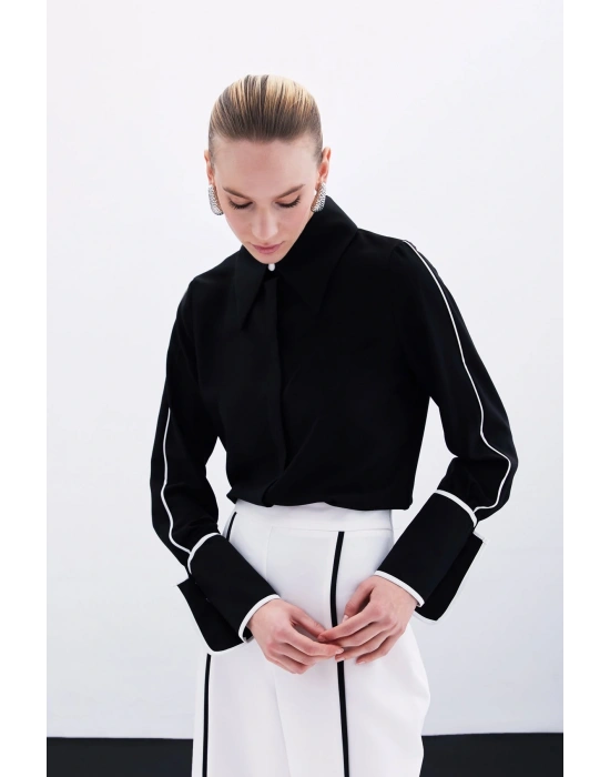 Klasik Manşetli Kontrast Gömlek - Siyah