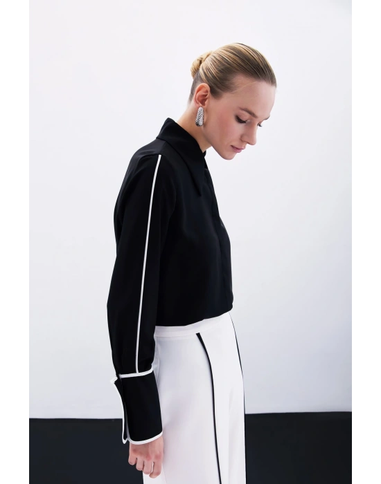 Klasik Manşetli Kontrast Gömlek - Siyah