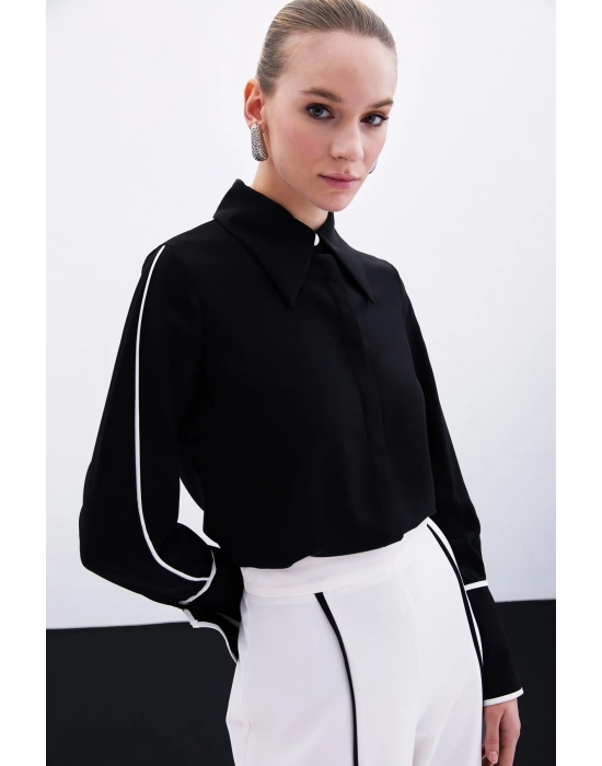 Klasik Manşetli Kontrast Gömlek - Siyah