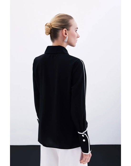 Klasik Manşetli Kontrast Gömlek - Siyah