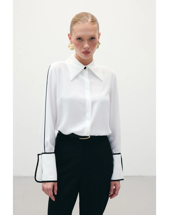 Klasik Manşetli Kontrast Gömlek - Ekru