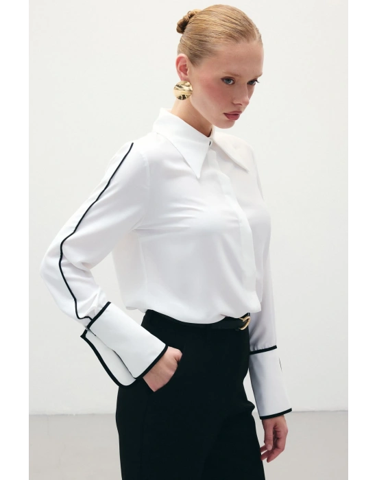 Klasik Manşetli Kontrast Gömlek - Ekru