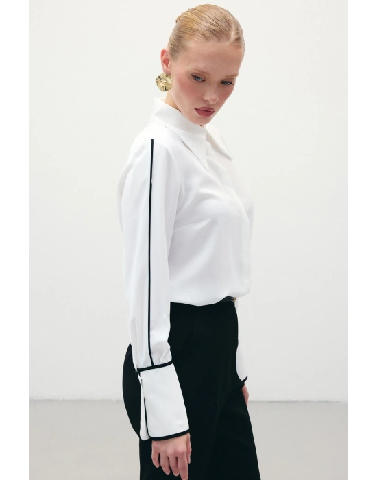 Klasik Manşetli Kontrast Gömlek - Ekru