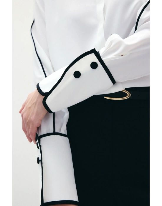 Klasik Manşetli Kontrast Gömlek - Ekru