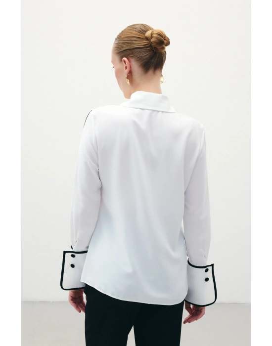 Klasik Manşetli Kontrast Gömlek - Ekru