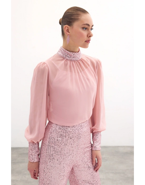 Payet Detaylı Bluz - Pudra