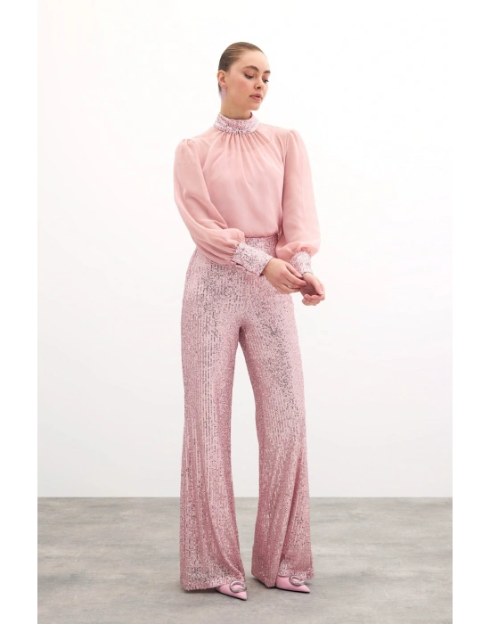 Payet Detaylı Bluz - Pudra