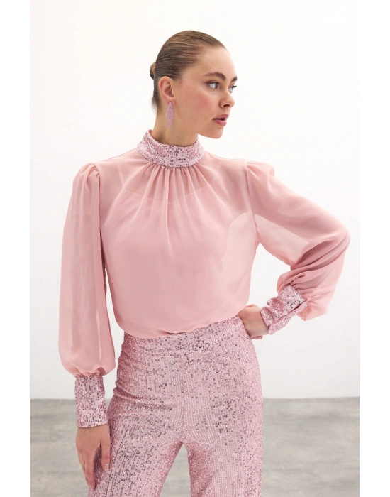 Payet Detaylı Bluz - Pudra
