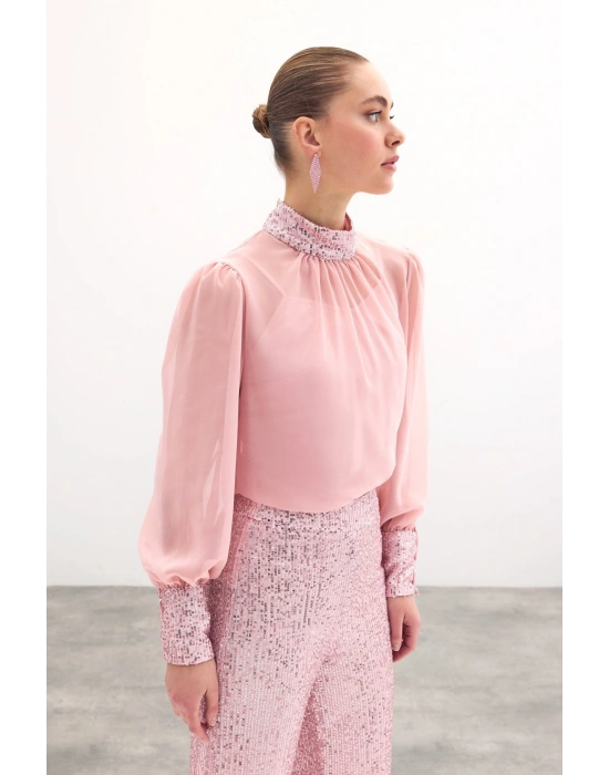 Payet Detaylı Bluz - Pudra