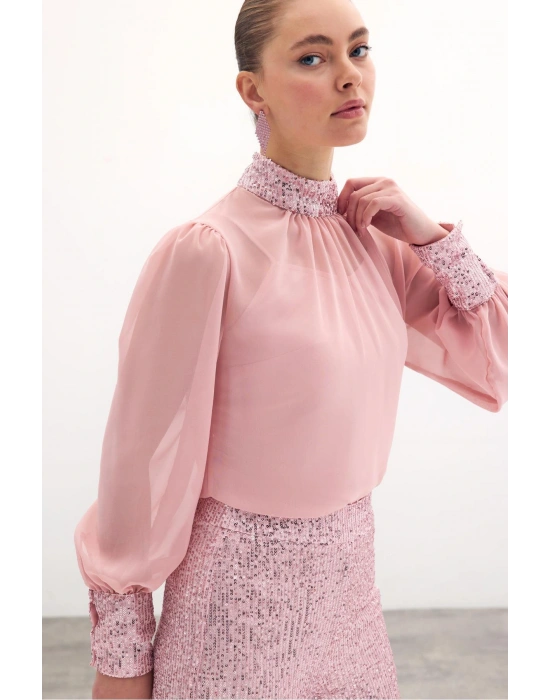 Payet Detaylı Bluz - Pudra