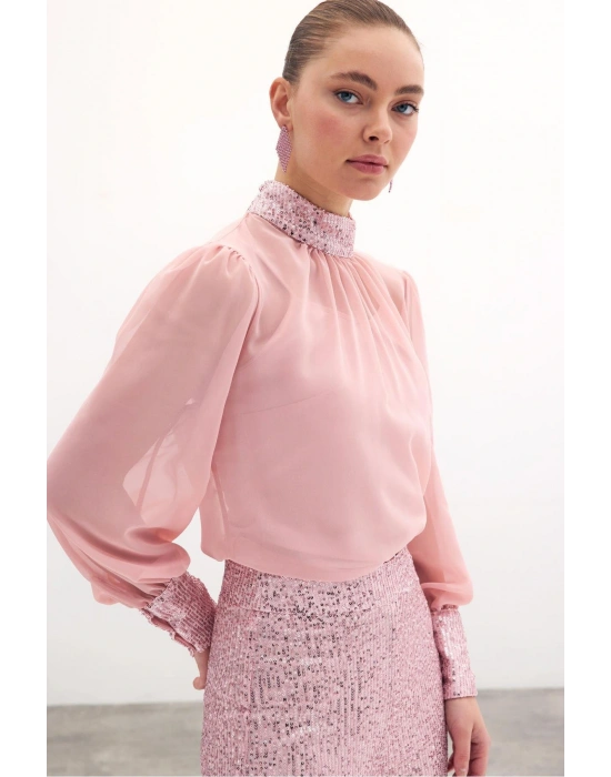 Payet Detaylı Bluz - Pudra