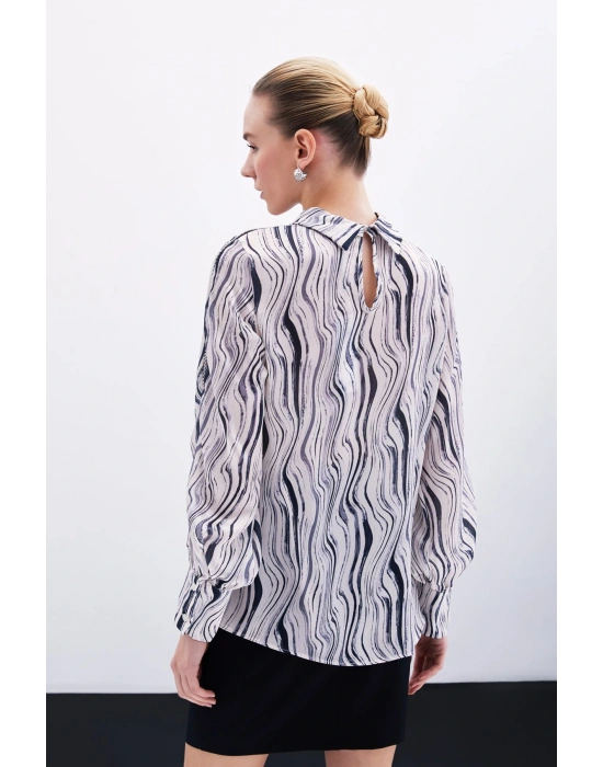 Kol Aksesuarlı Desenli Bluz - Siyah