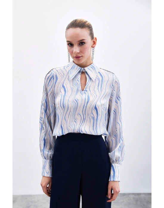 Kol Aksesuarlı Desenli Bluz - Mavi