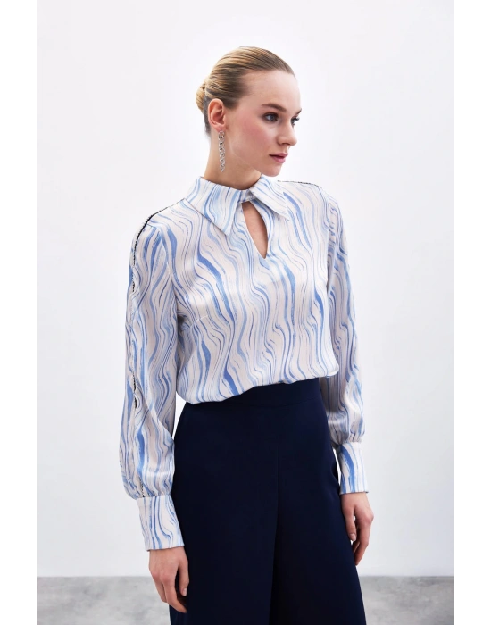 Kol Aksesuarlı Desenli Bluz - Mavi