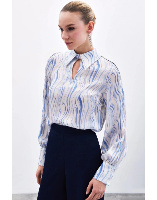 Kol Aksesuarlı Desenli Bluz - Mavi