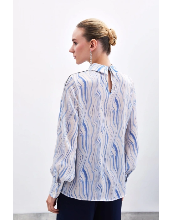Kol Aksesuarlı Desenli Bluz - Mavi