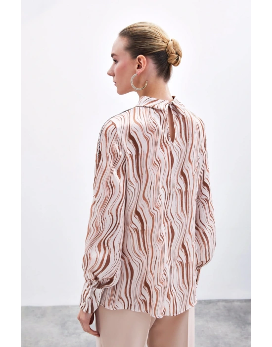 Kol Aksesuarlı Desenli Bluz - Camel