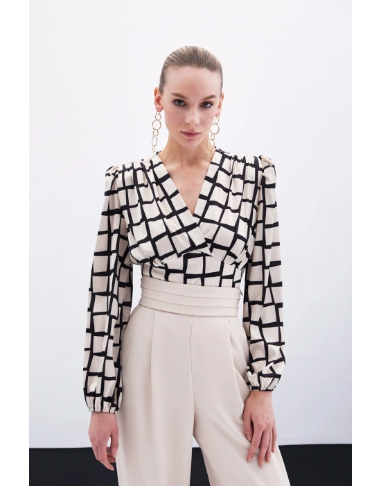 Desenli Crop Bluz - Bej