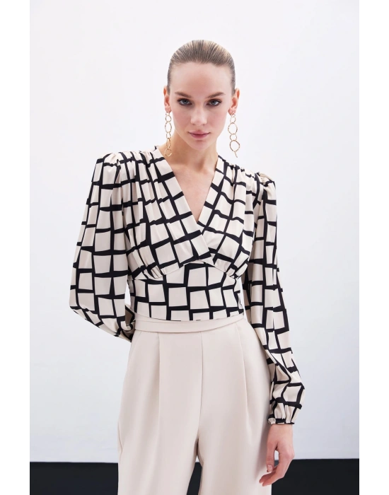 Desenli Crop Bluz - Bej