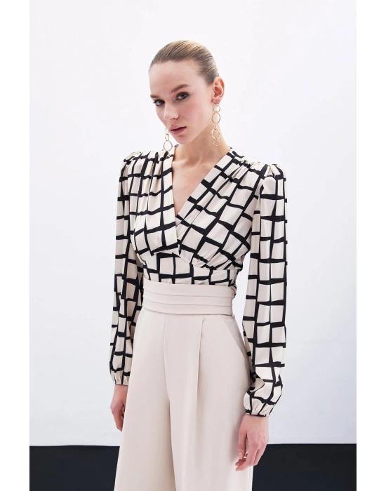 Desenli Crop Bluz - Bej