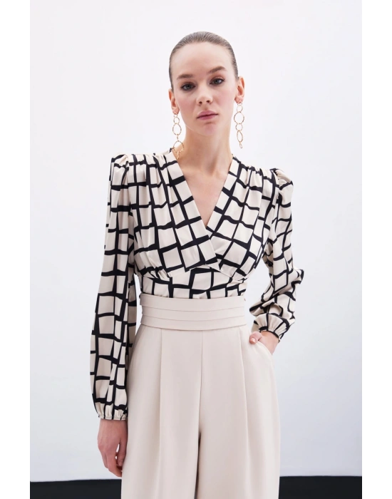 Desenli Crop Bluz - Bej