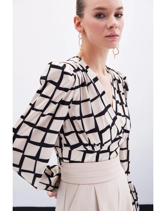 Desenli Crop Bluz - Bej