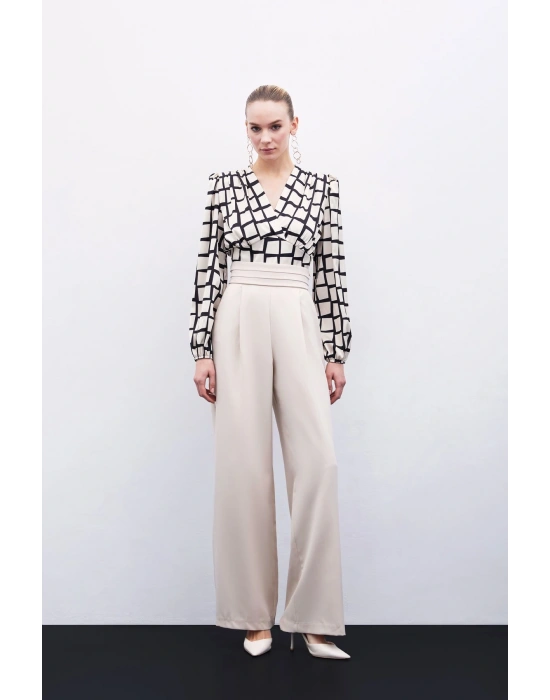 Desenli Crop Bluz - Bej