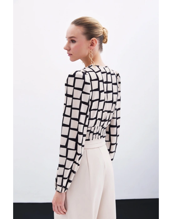 Desenli Crop Bluz - Bej