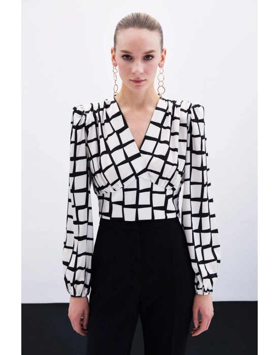 Desenli Crop Bluz - Ekru