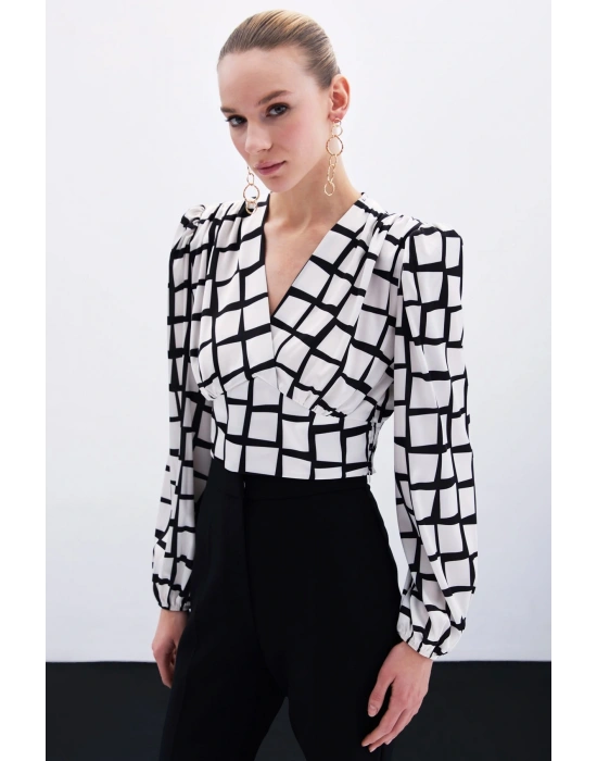 Desenli Crop Bluz - Ekru