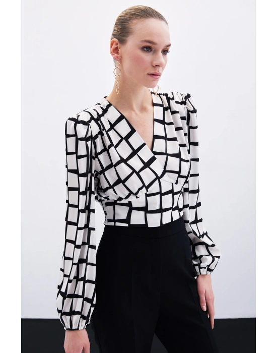 Desenli Crop Bluz - Ekru