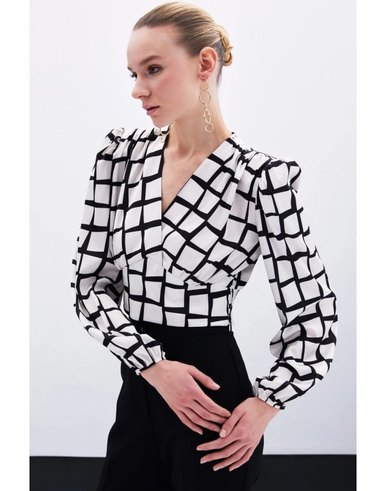 Desenli Crop Bluz - Ekru