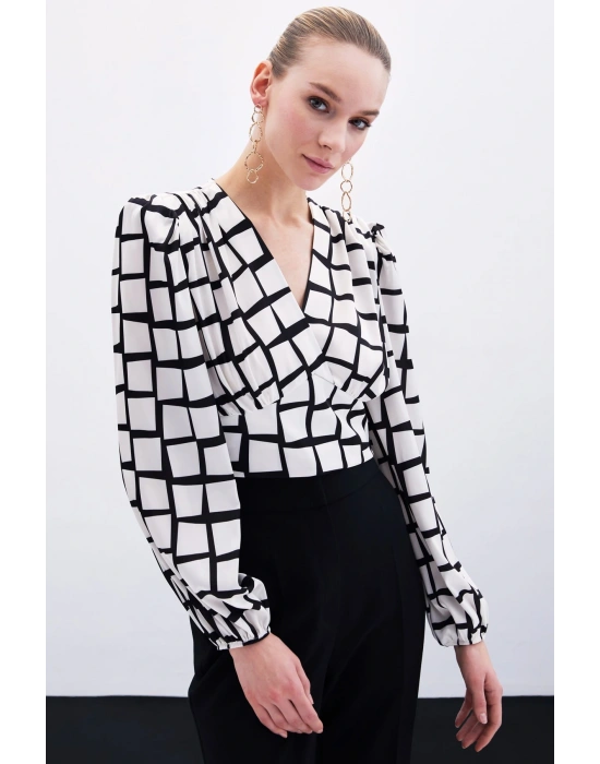 Desenli Crop Bluz - Ekru