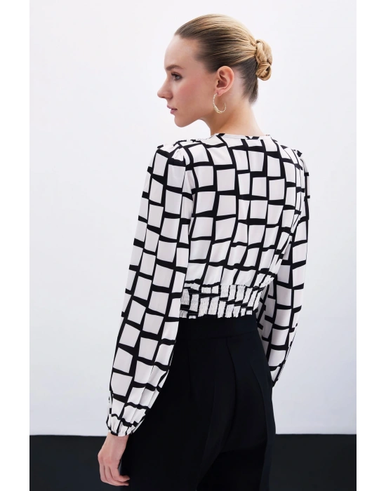 Desenli Crop Bluz - Ekru