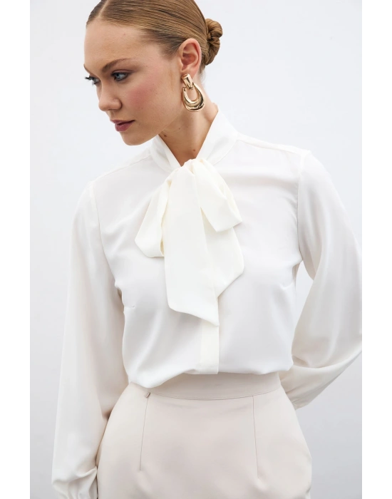 Yakası Bağlamalı Düz Gömlek - Ekru