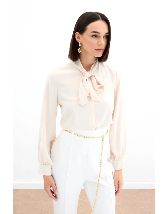 Yakası Bağlamalı Düz Gömlek - Bej