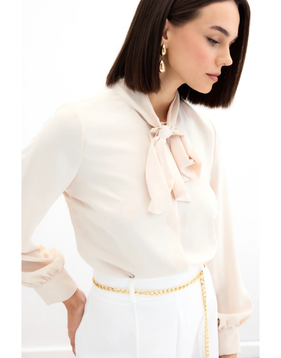 Yakası Bağlamalı Düz Gömlek - Bej