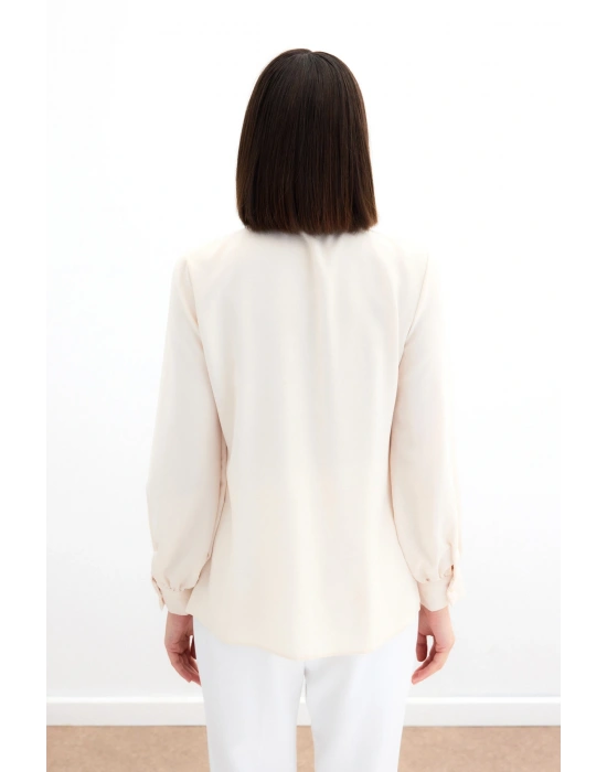 Yakası Bağlamalı Düz Gömlek - Bej