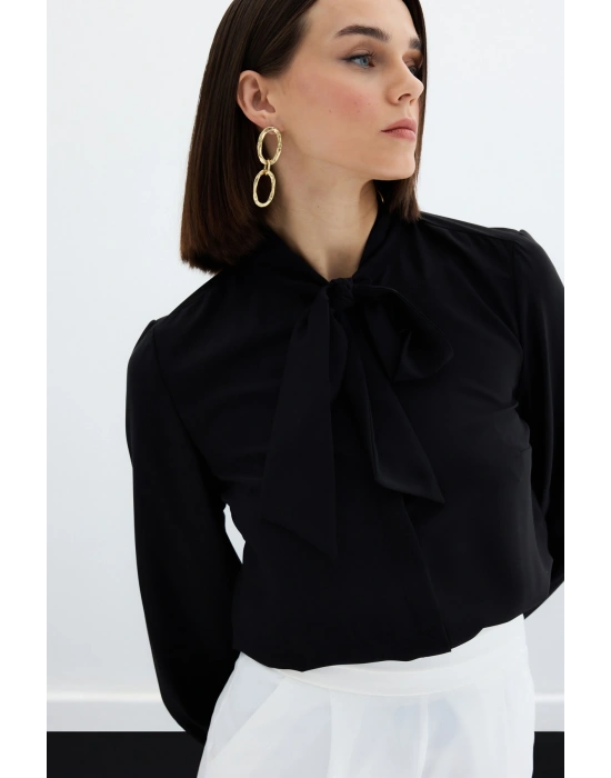 Yakası Bağlamalı Düz Gömlek - Siyah