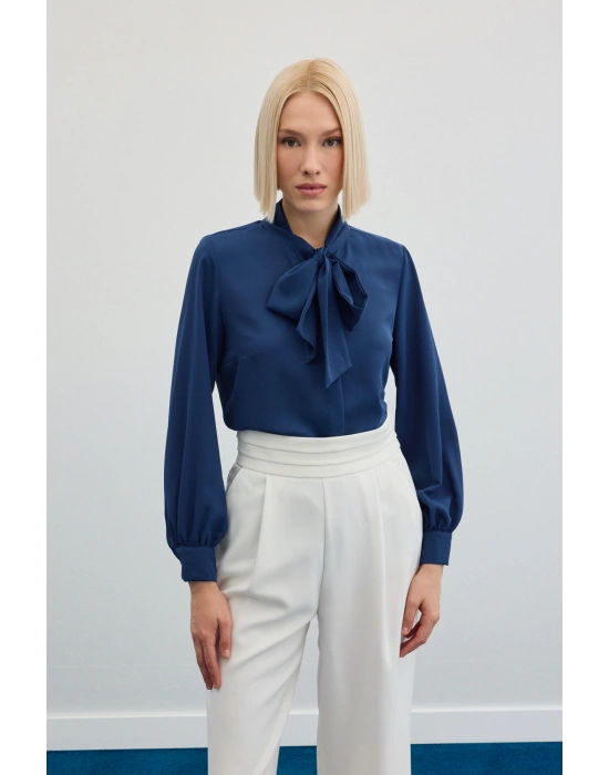 Yakası Bağlamalı Düz Gömlek - İndigo