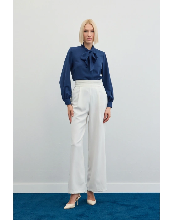 Yakası Bağlamalı Düz Gömlek - İndigo